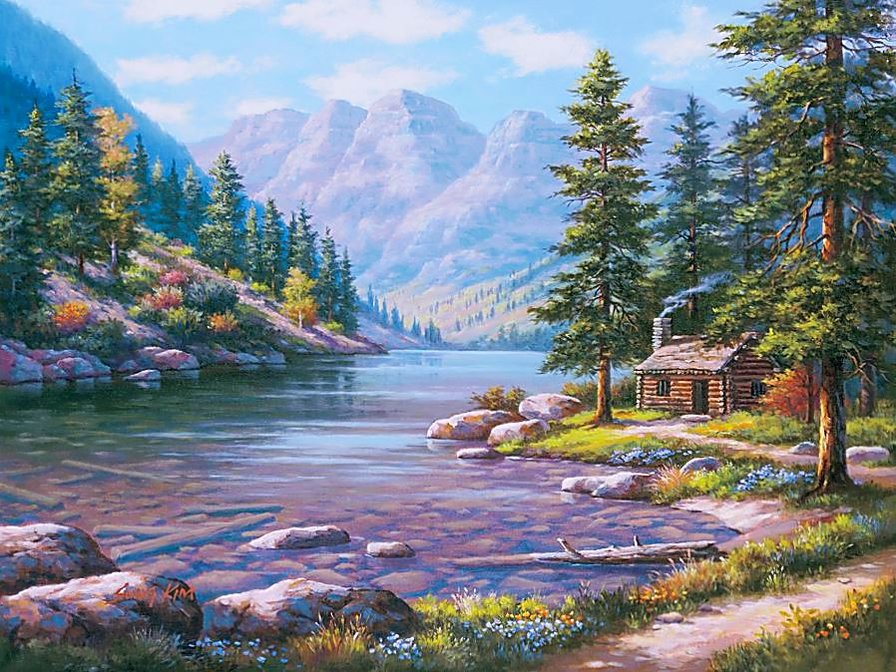 №1266403 - природа, озеро, горы, живопись, пейзаж, лес, дом - оригинал