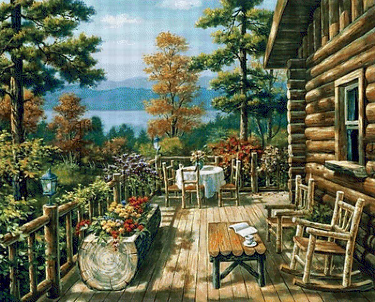 №1266407 - природа, цветы, лес, озеро, живопись, пейзаж, дом - предпросмотр