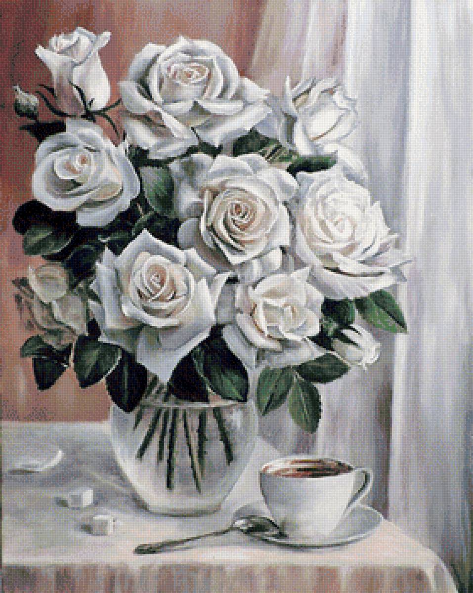 Букет белых роз - натюрморт, ваза, розы, цветы, посуда - предпросмотр