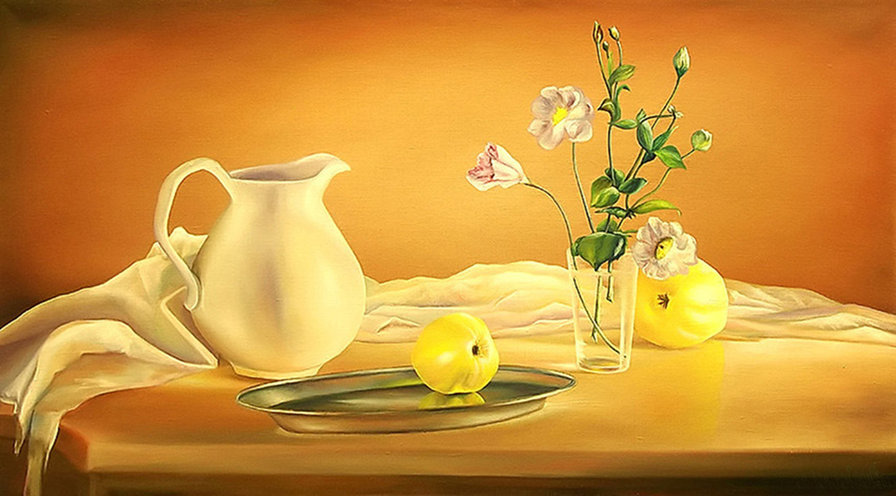 Забвение света - натюрморт, фрукты, кувшин, цветы - оригинал