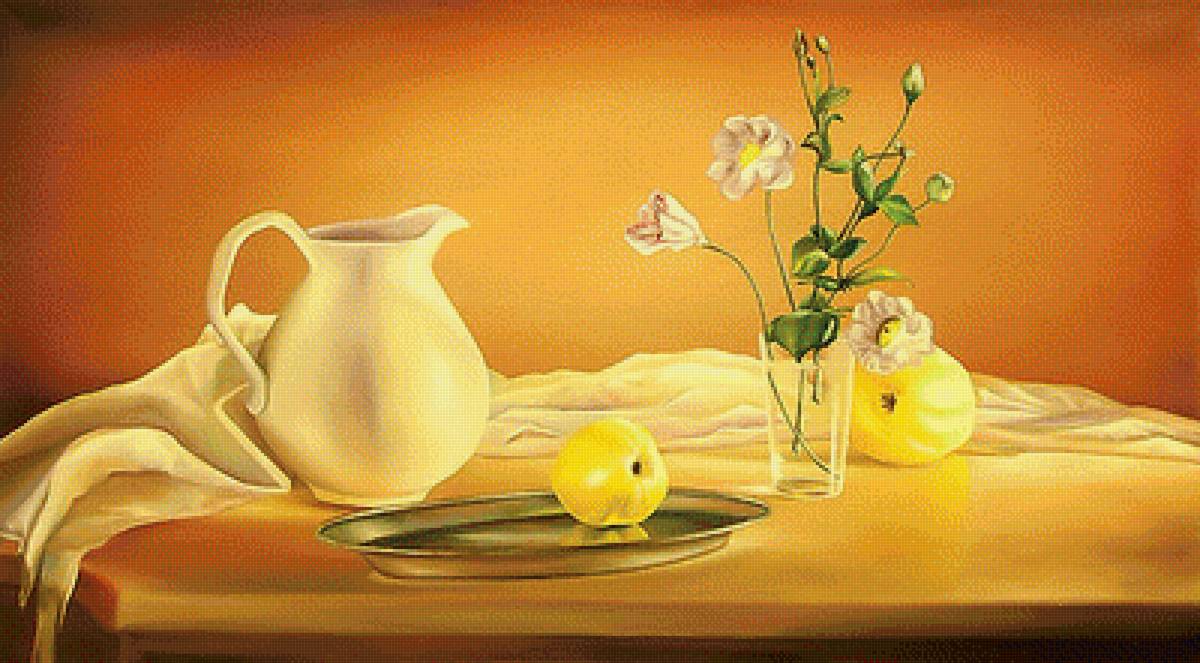 Забвение света - цветы, фрукты, кувшин, натюрморт - предпросмотр