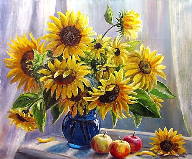 Солнечное настроение - подсолнухи, живопись, яблоки, цветы - оригинал