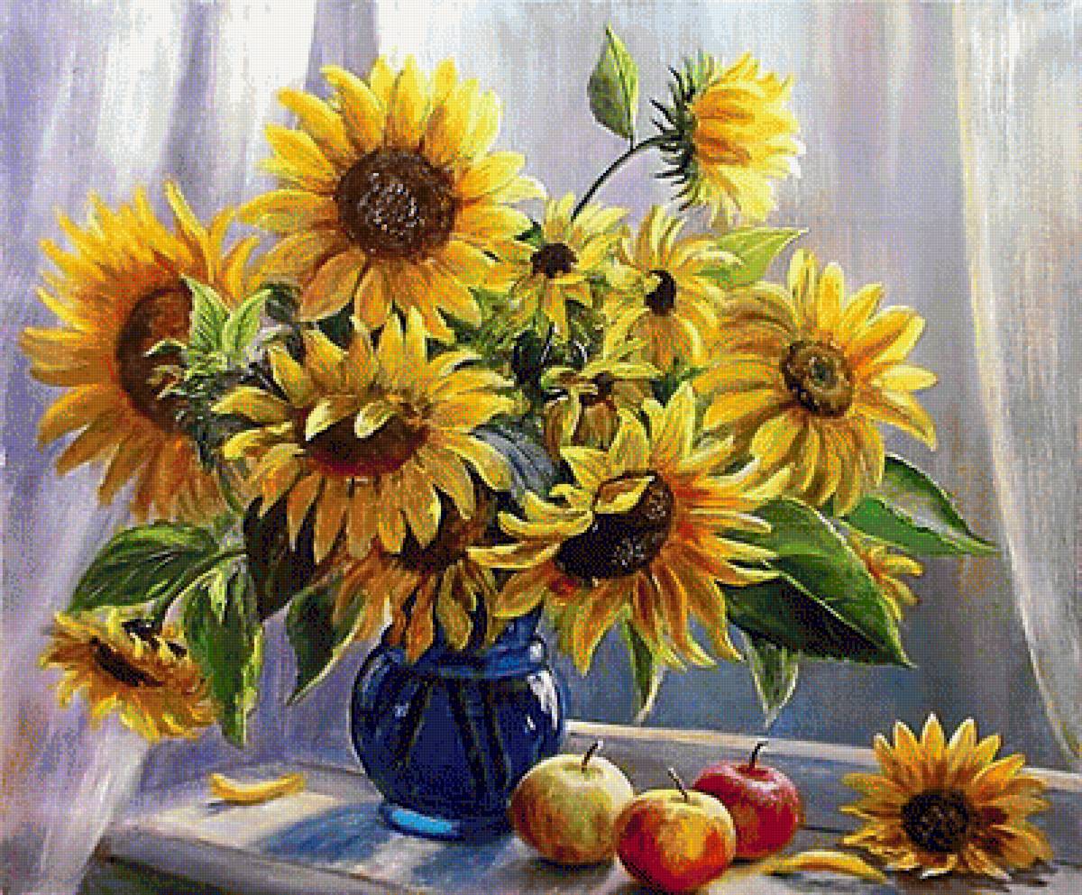 Солнечное настроение - яблоки, живопись, цветы, подсолнухи - предпросмотр