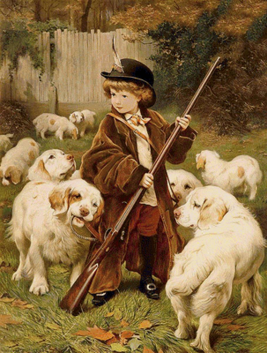 Юный охотник - домашние любимцы, картина, дети - предпросмотр
