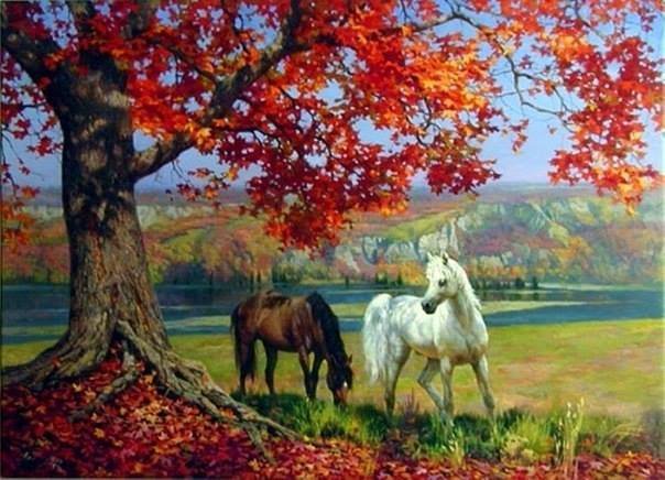 пейзаж - природа, осень, пейзаж, лошади - оригинал