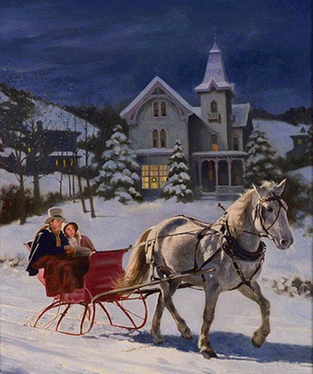 зимний пейзаж - зима, люди, пара, деревня, пейзаж, любовь - предпросмотр