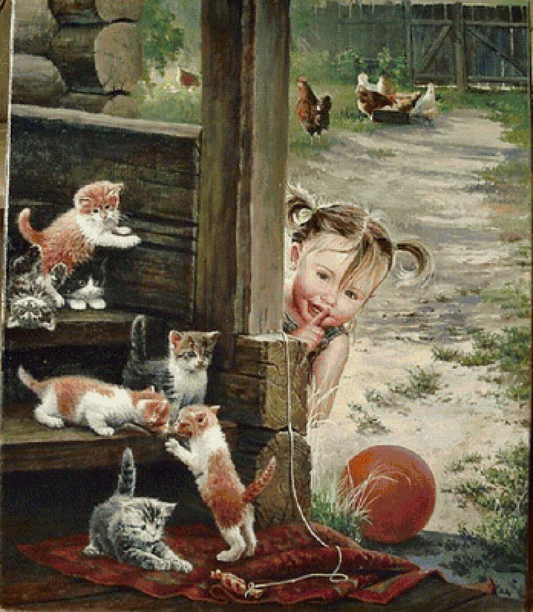 игры во дворе - девочка. котята. - предпросмотр