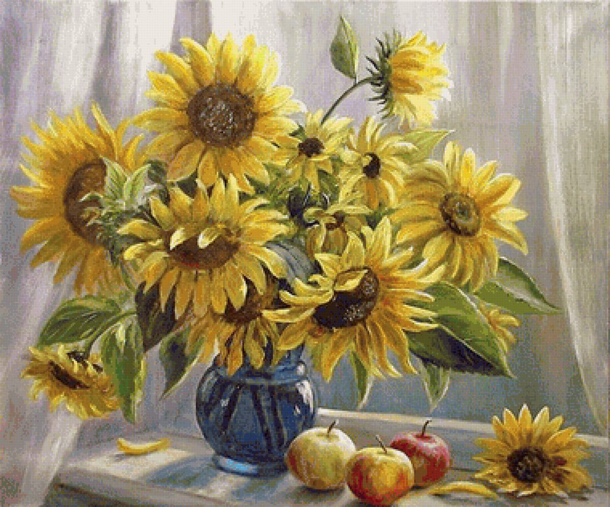 Худ. О.П.Воробьева - натюрморт, ваза, цветы, подсолнухи, яблоки, окно - предпросмотр