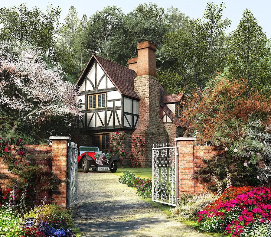 Серия "Милый дом" - загородный дом, лес, ретро машина - оригинал