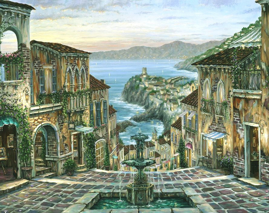 Вид на море (для Ларисы60) - дом, море, старый город, фонтан, улица - оригинал