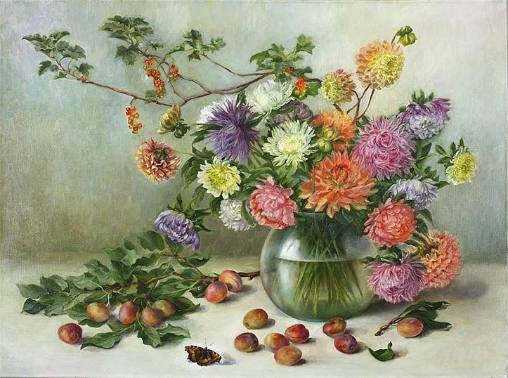Худ. Познихер Наталья - пионы, натюрморт, ваза, орехи, цветы - оригинал