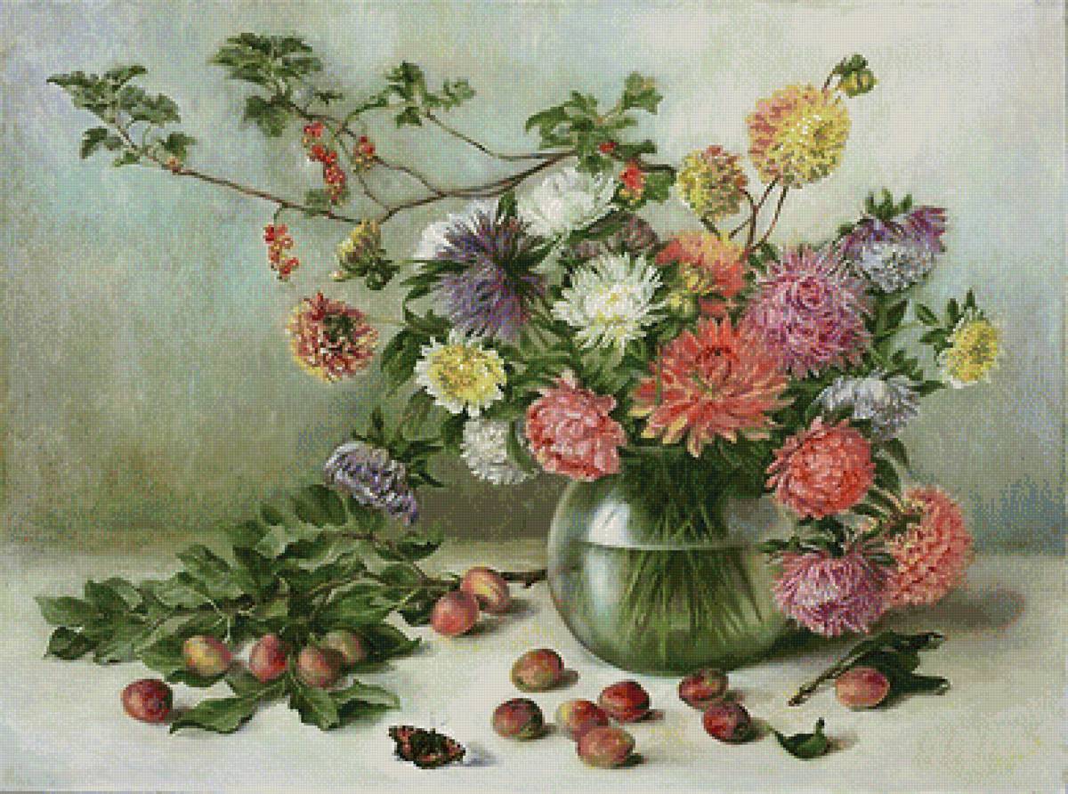 Худ. Познихер Наталья - орехи, пионы, натюрморт, цветы, ваза - предпросмотр