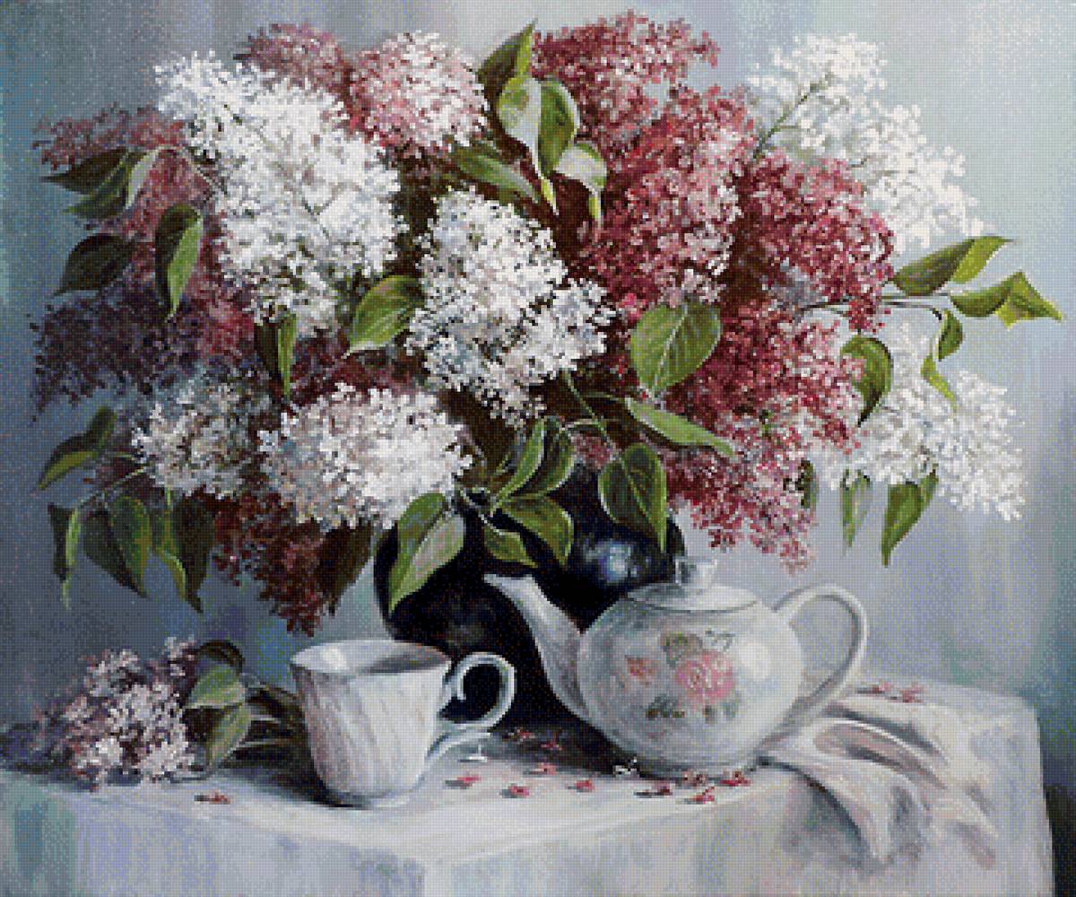 Сирень - чашка, чайник, ваза, натюрморт, цветы, сирень - предпросмотр