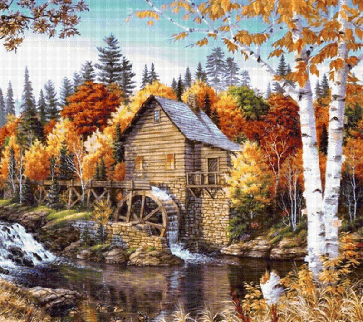 Золотая осень - водяная мельница, лес, домик в лесу, осень - предпросмотр