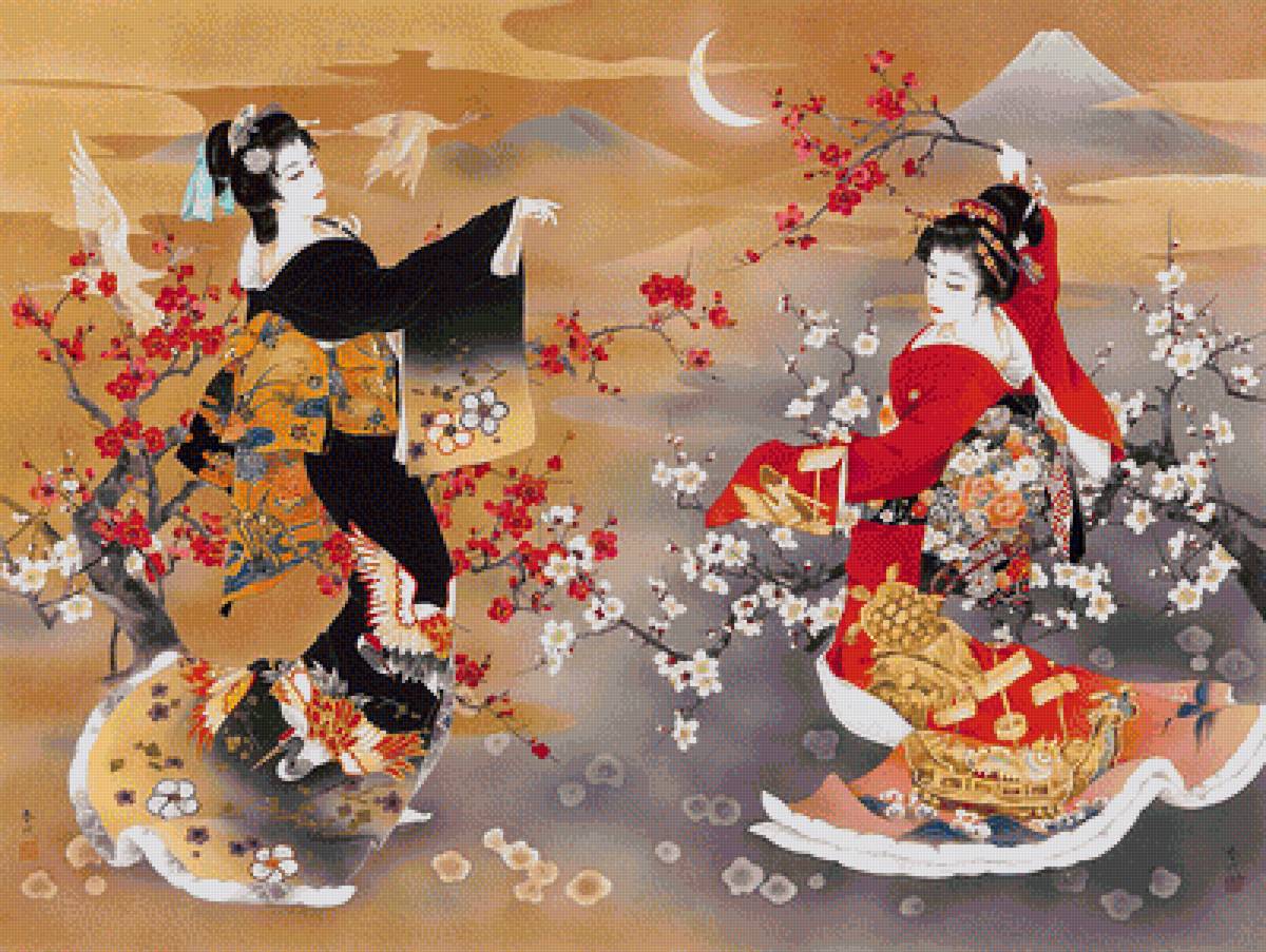 японские мотивы - женщины, японки, лето, весна, танец, япония - предпросмотр