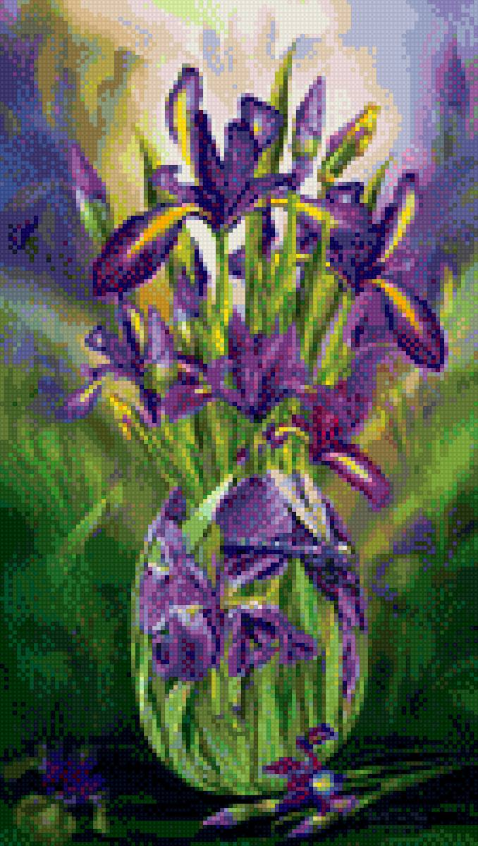 ирисы - цветы в вазе, ирисы, фиолетовые ирисы - предпросмотр