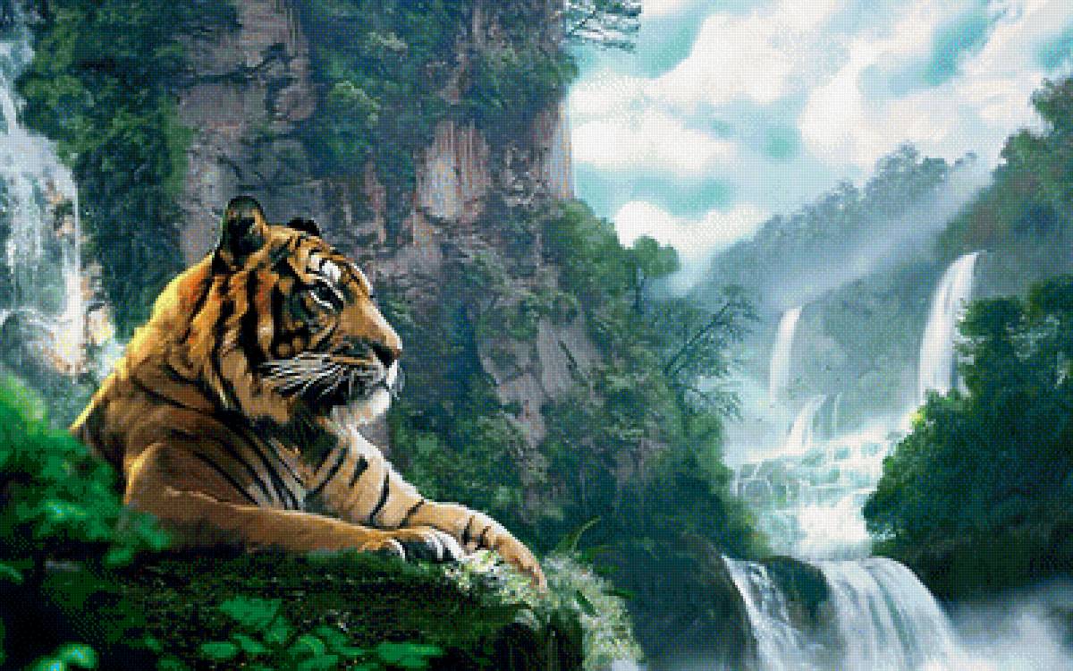 У водопада - звери, пейзаж, водопад, горы, тигры, природа - предпросмотр