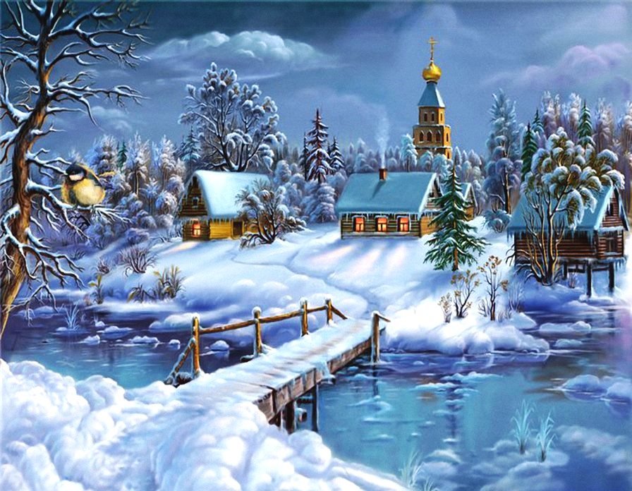 Серия "Зима пришла" - дом, деревня, зима, снег, синичка - оригинал