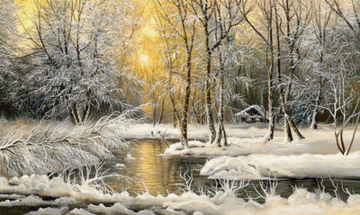 утро в лесу - утро, река, ручей, пейзаж, лес, зима, дом - предпросмотр