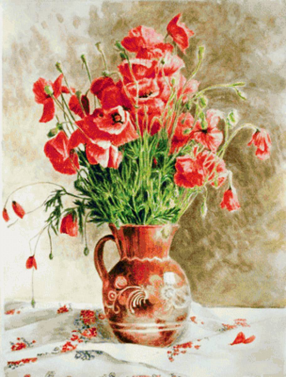 Акварельные маки - цветы в вазе, красные маки, красные цветы, живопись, маки, натюрморт - предпросмотр