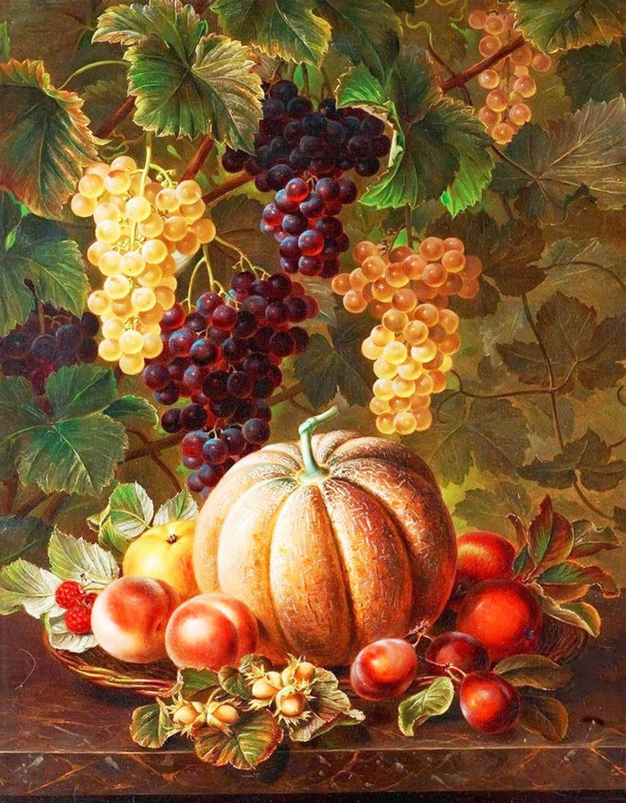Щедрые дары сада - персики, виноград, сливы, богатый урожай, орехи, тыква, урожай, фрукты - оригинал