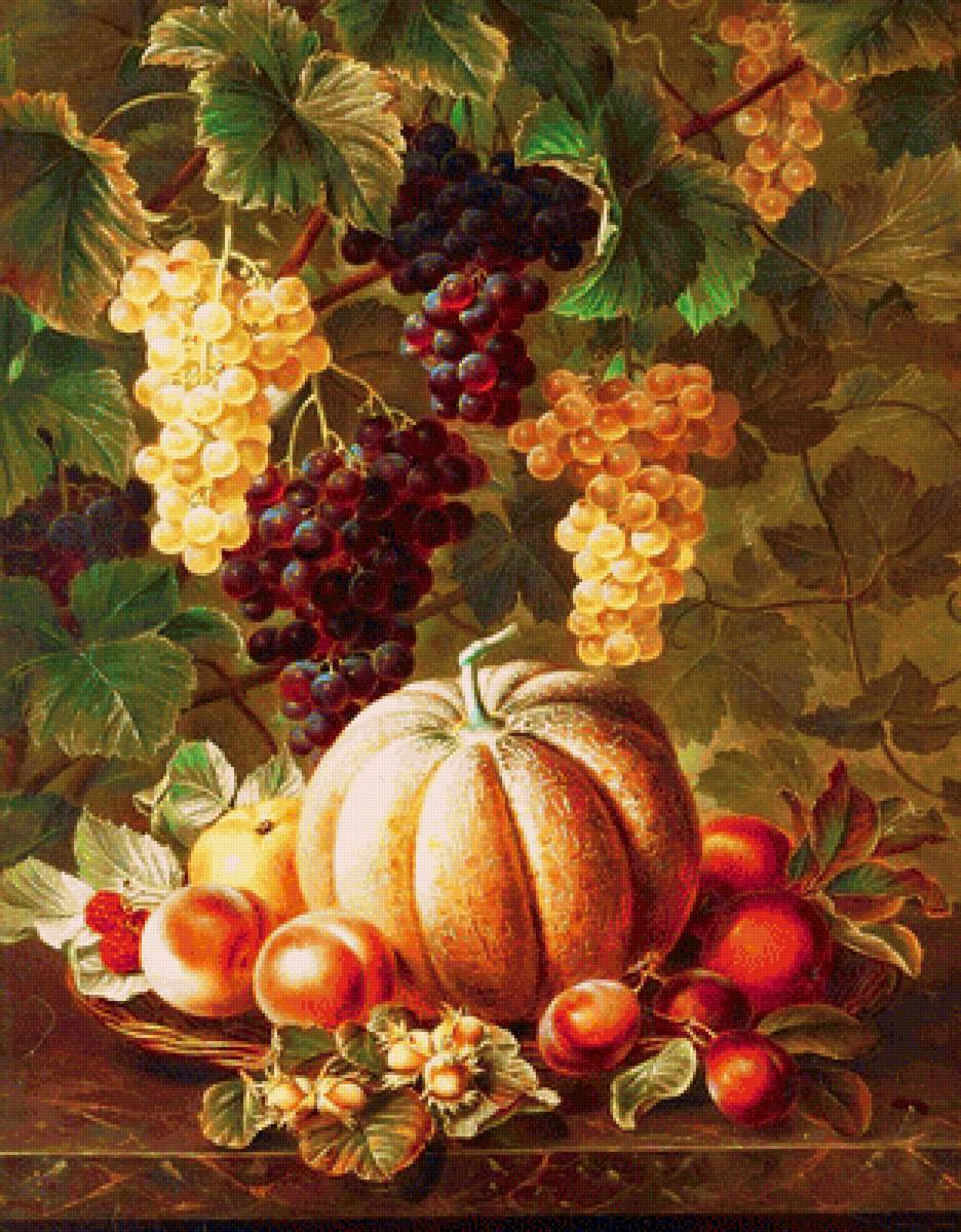 Щедрые дары сада - фрукты, урожай, орехи, сливы, богатый урожай, персики, виноград, тыква - предпросмотр