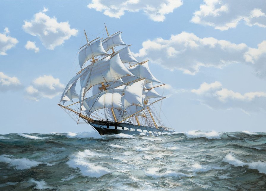 бригантина - корабль, бригантина, море, парусник, шторм, картина, пейзаж, вода, волны - оригинал