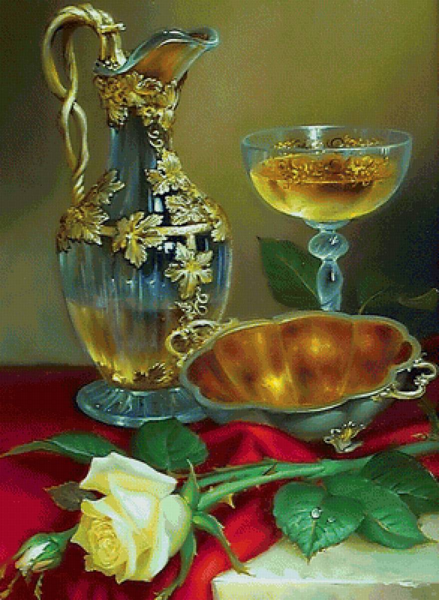 Натюрморт - вино, цветы, натюрморт, бокал, роза - предпросмотр