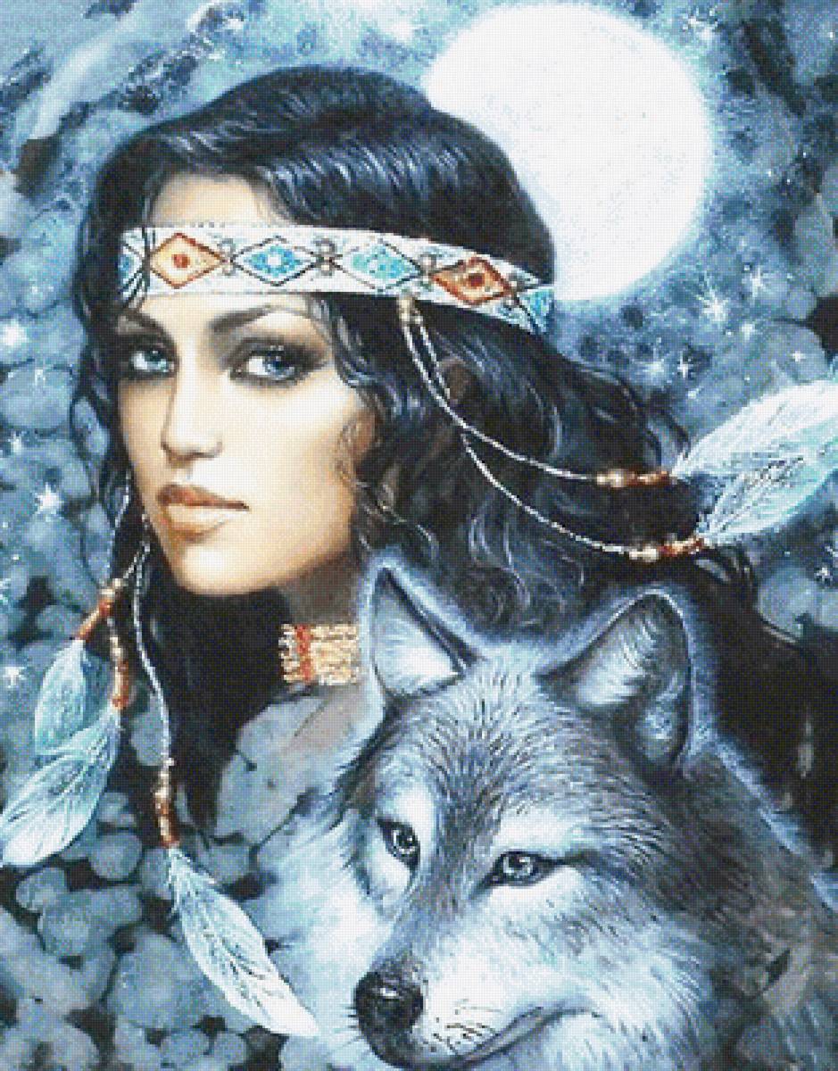 Девушка с волком - индеец, волк, девушка - предпросмотр