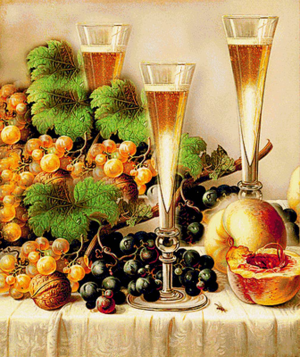 Три бокала шампанского - ягоды, бокал, шампанское, персики, натюрморт, фрукты, виноград, орехи - предпросмотр