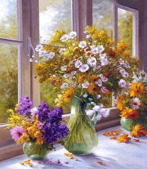 Букеты - цветы, ваза, окно - оригинал