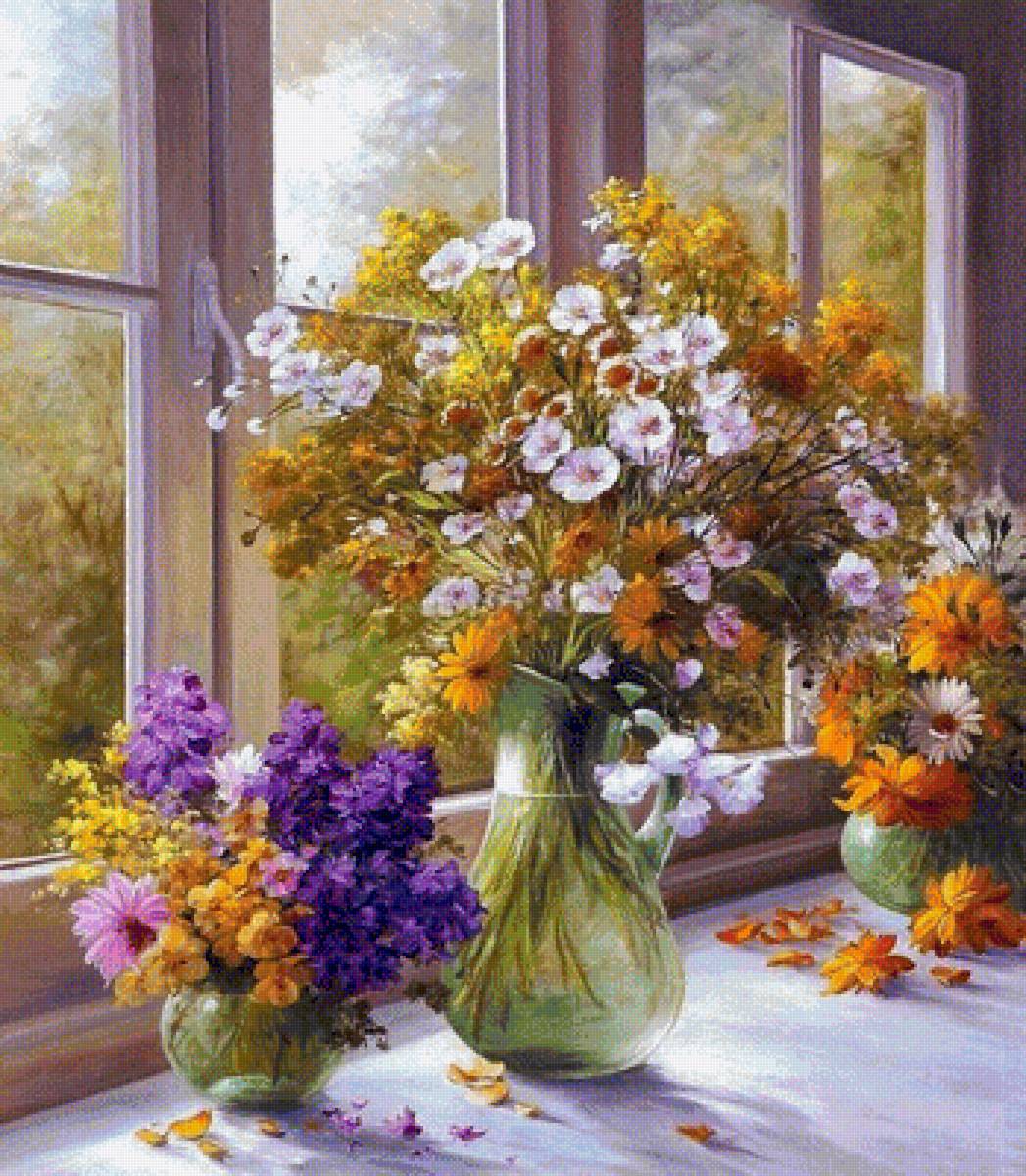 Букеты - ваза, цветы, окно - предпросмотр