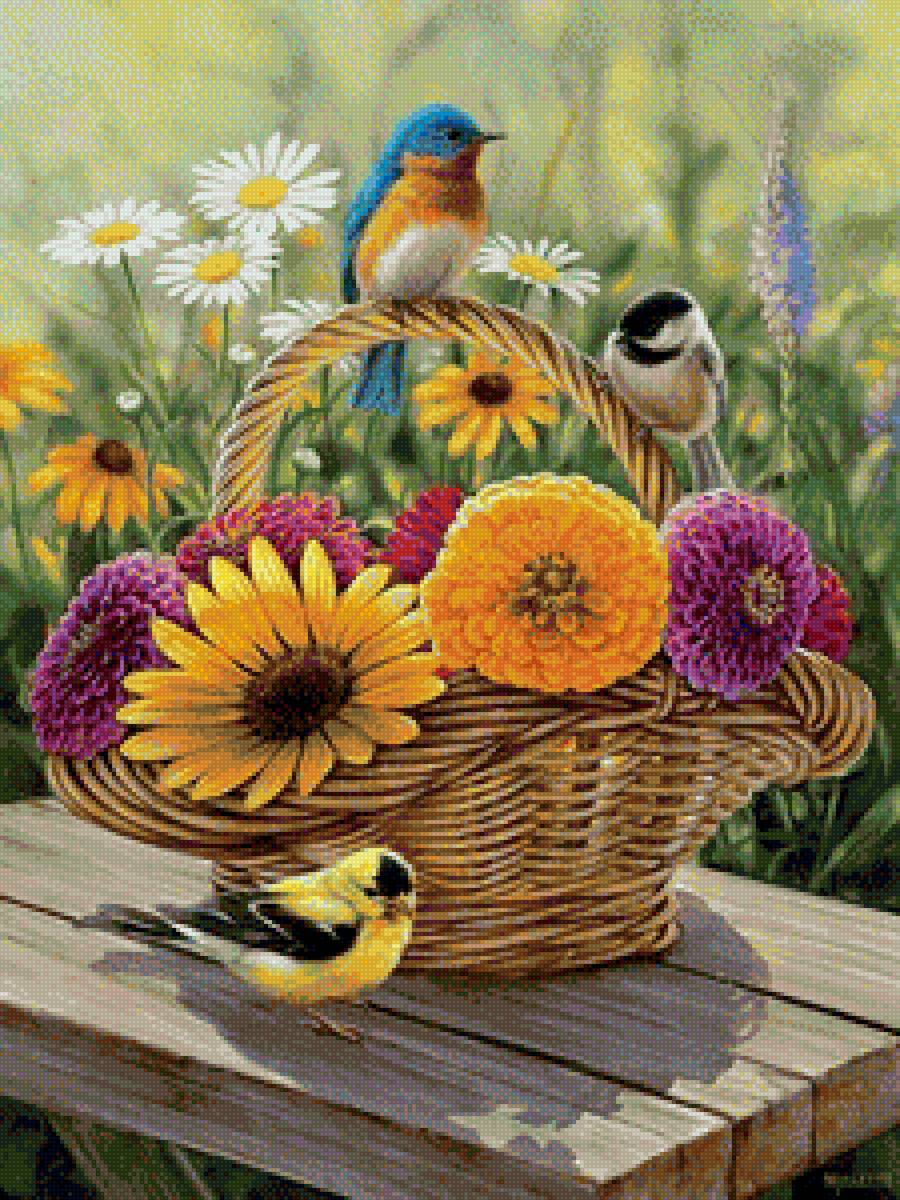 корзина с цветами и птицами - корзина, птицы, цветы - предпросмотр