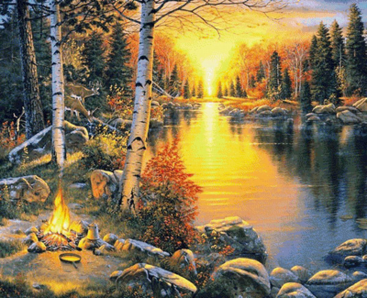 Закат - лес, река, березы, природа, вечер, костер - предпросмотр