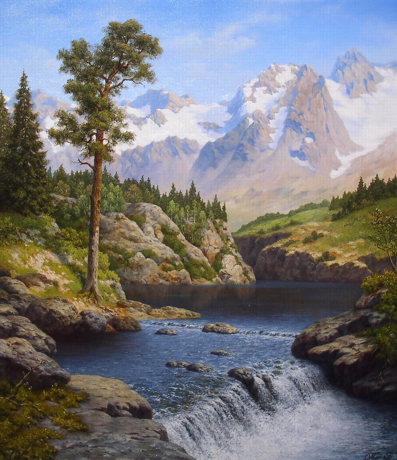 сосны горная река - река, пейзаж, природа, горы - оригинал