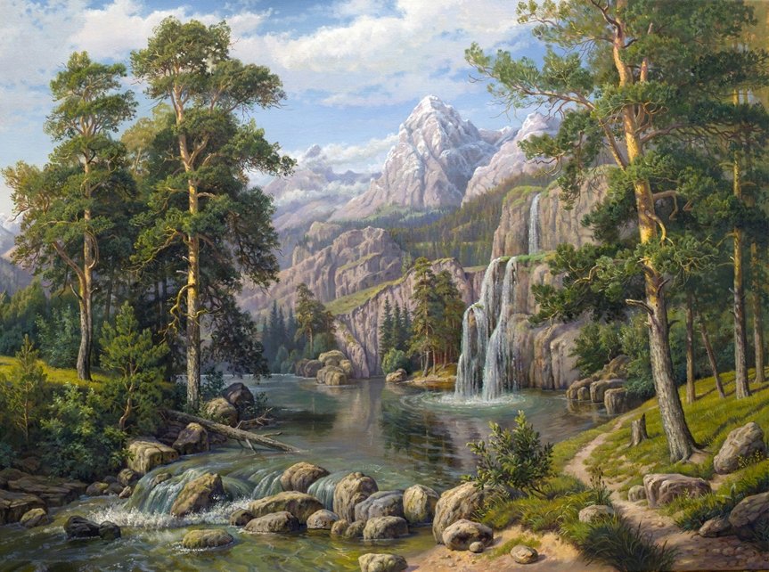 горная речка - сосны горы река водопад природа - оригинал