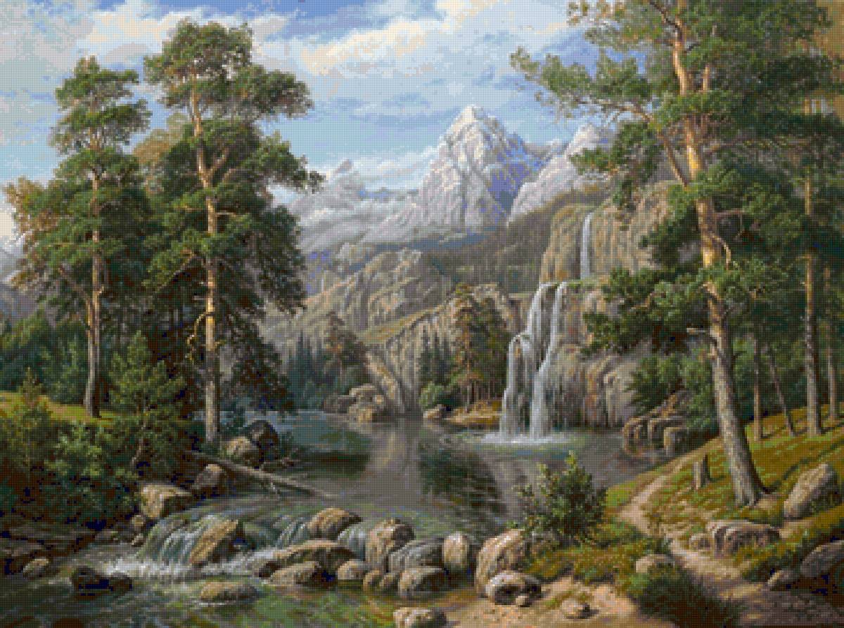 горная речка - сосны горы река водопад природа - предпросмотр