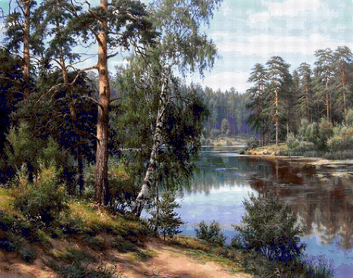 сосны на берегу - сосны река природа пейзаж - предпросмотр