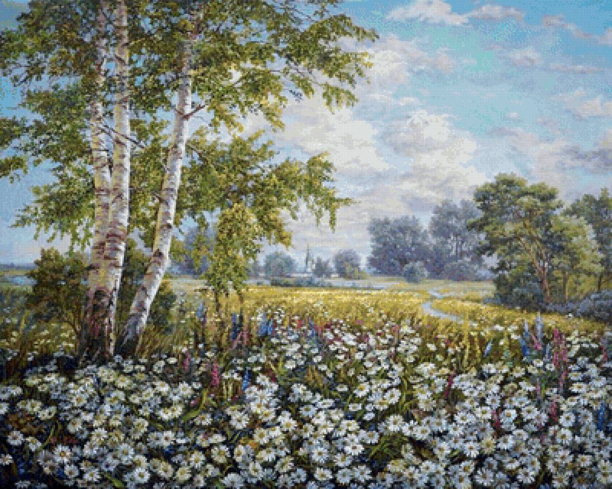 Известные картин лето года. Картина Панова Эдуарда «поле ромашек».