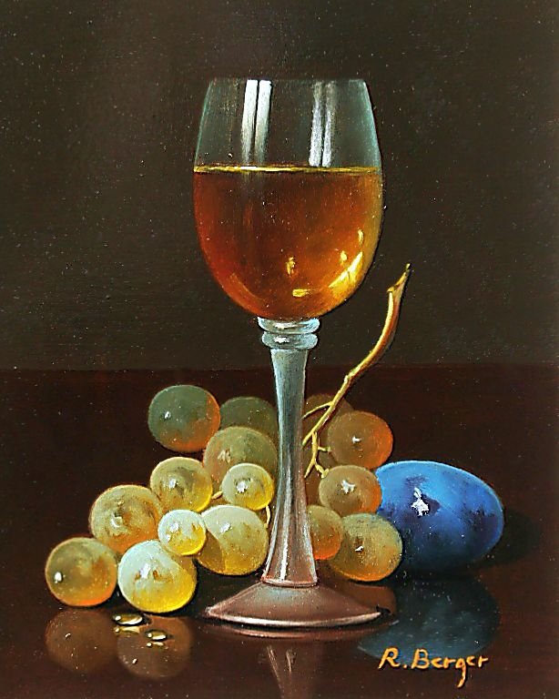 Худ. Rath Berger."Натюрморт". - фрукты, живопись., натюрморт, вино - оригинал