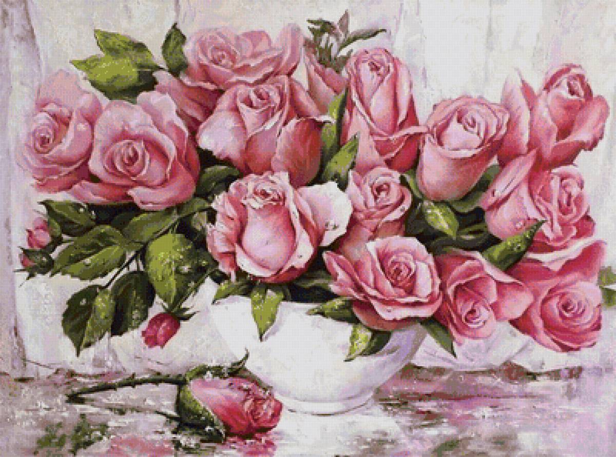 Акварельные розы - ваза, натюрморт, букет, цветы, розы - предпросмотр