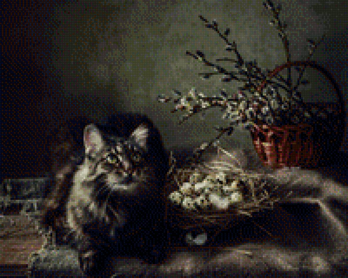 Пасхальный кот - вышивка, картина, кот, вышивка крестом, пасха, верба - предпросмотр