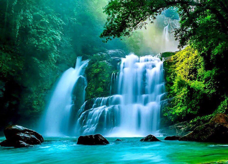 Водопад в лесу - лес, голубое и зеленое, вышивка крестом.водопад, ручная работа - оригинал