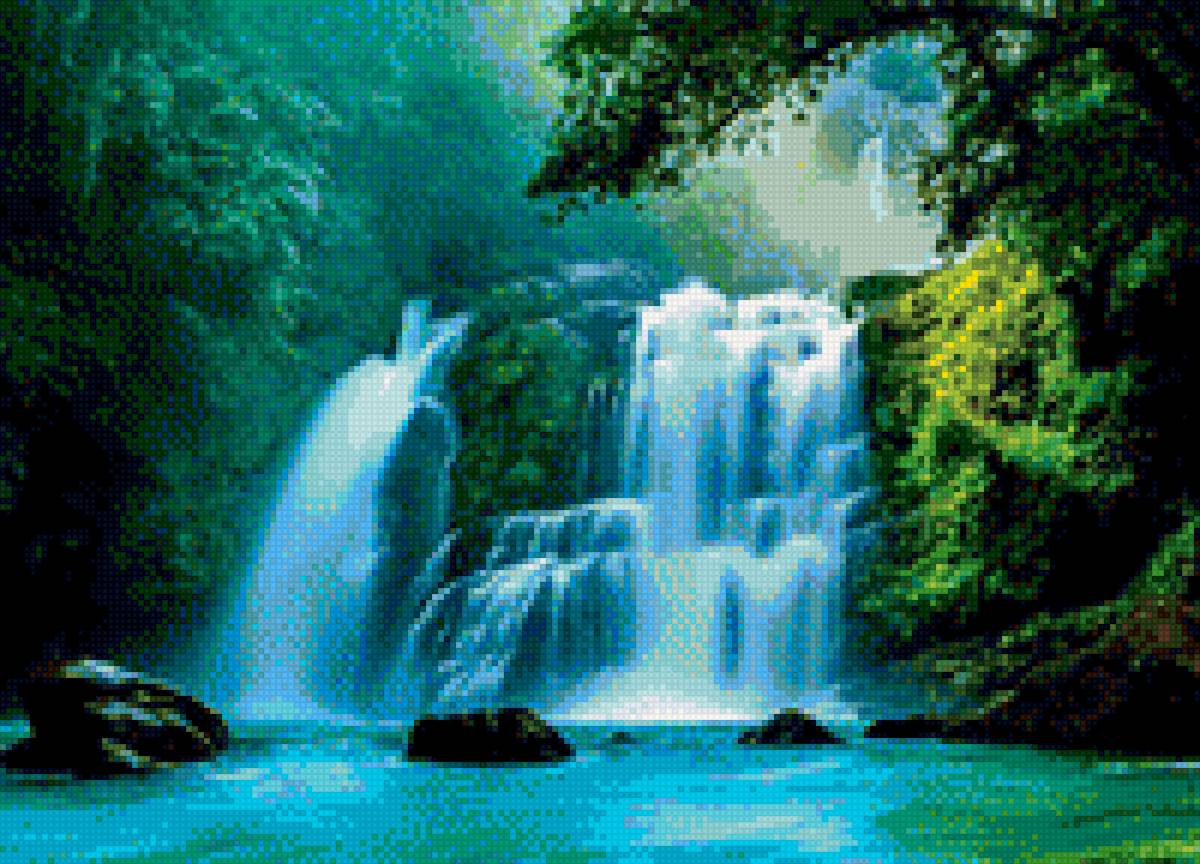 Водопад в лесу - ручная работа, вышивка крестом.водопад, голубое и зеленое, лес - предпросмотр