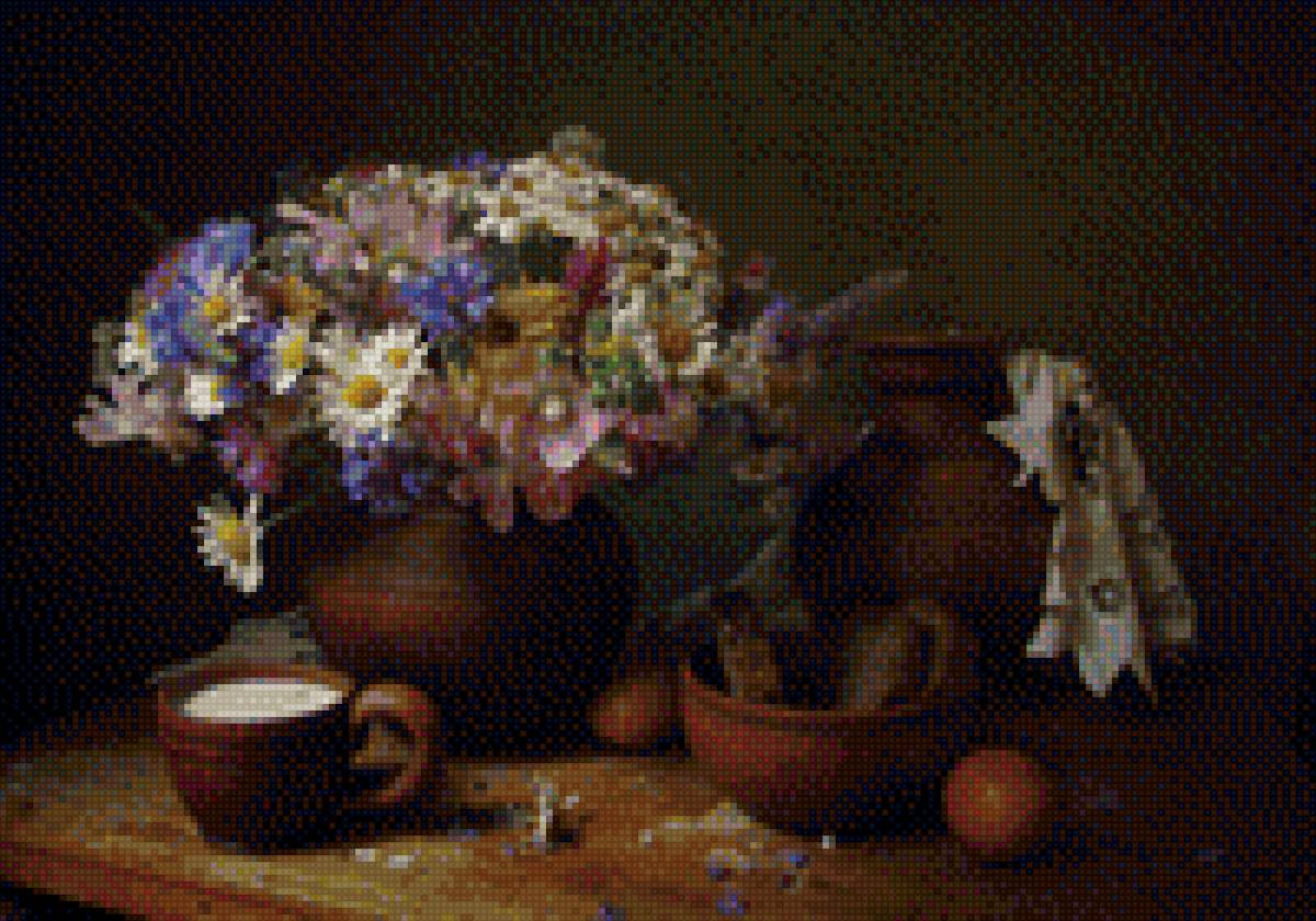 Ромашки в вазе - ромашки, вышивка крестом, кувшин, стол.кружка с молоком, ваза - предпросмотр