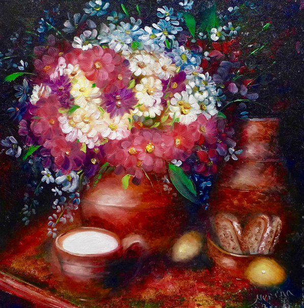 Натюрморт"Летнее чудо" - натюрморт, лето, картина, стол, ваза, цветы, вышивка крестом - оригинал