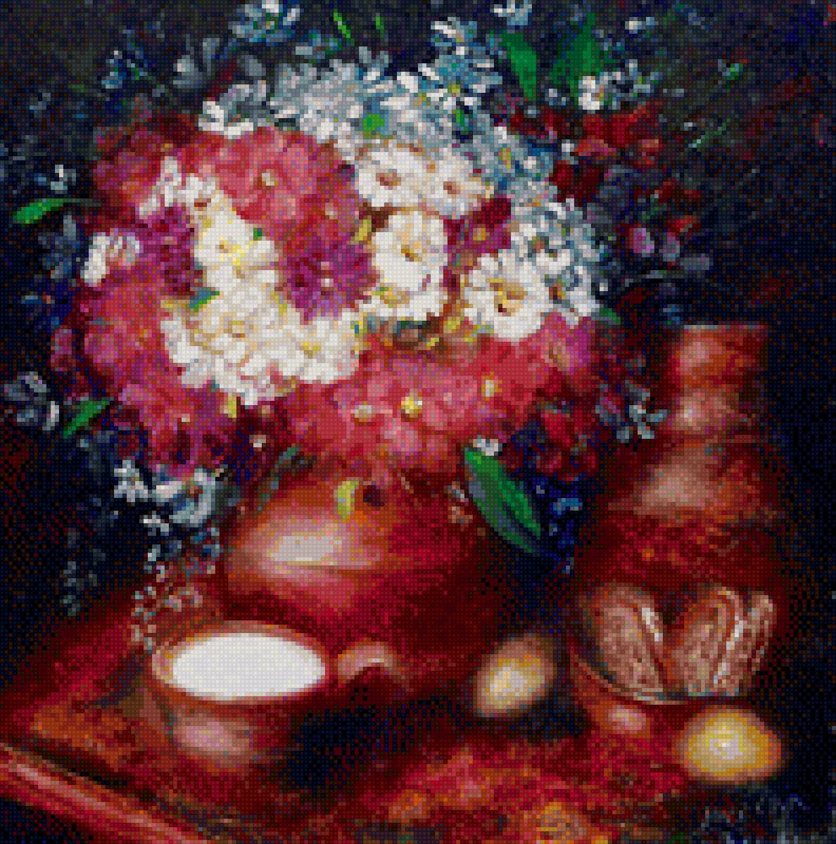 Натюрморт"Летнее чудо" - картина, лето, натюрморт, ваза, стол, цветы, вышивка крестом - предпросмотр