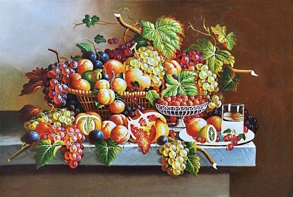 натюрморт в старинном стиле - лимон, виноград, гранат, ягоды, малина, натюрморт, персики - оригинал