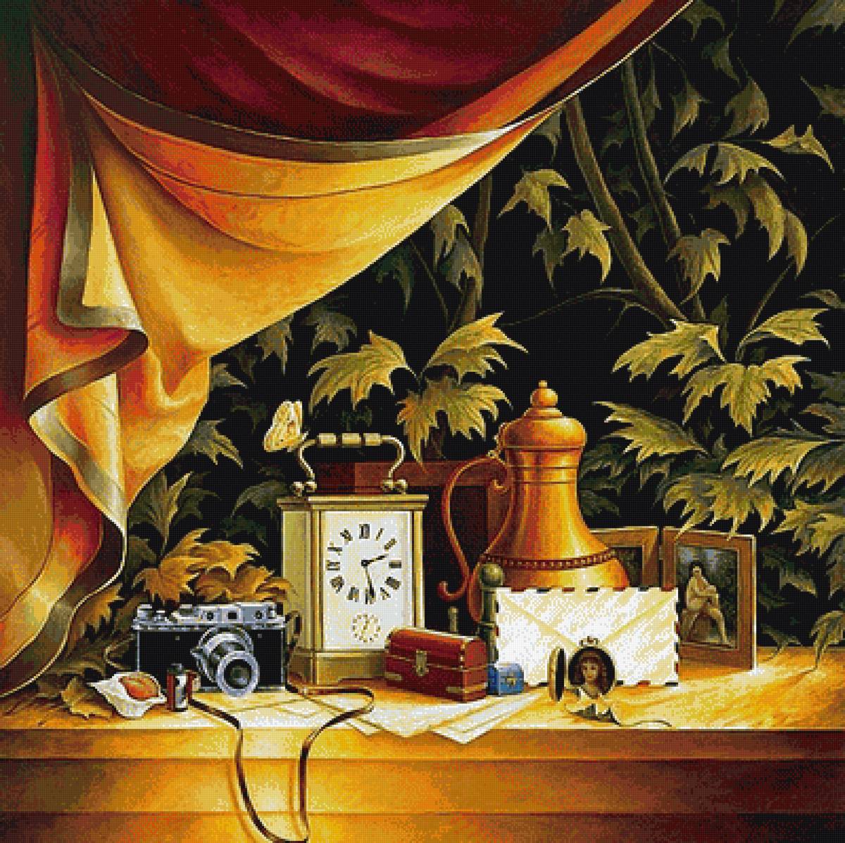 Натюрморт - часы, натюрморт, листья, бабочка - предпросмотр