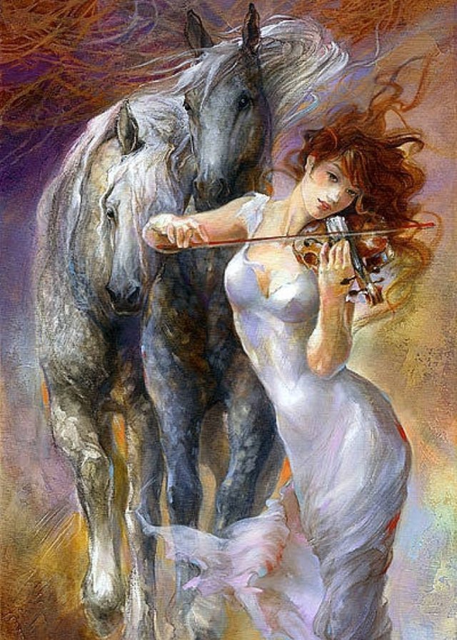акварель - скрипка, лошадь, девушка - оригинал